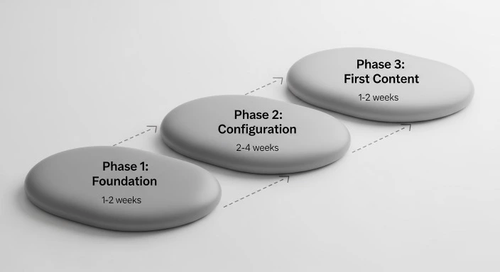 Three-phase blog launch roadmap showing foundation, configuration, and content stages with time estimates