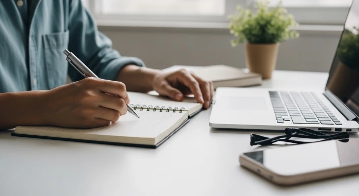 person writing blog post outline in notebook with laptop nearby, organized workspace