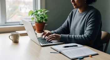 person at desk with laptop and planner, looking calm and organized, natural window light