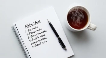 calm desk flat lay with a single open notebook showing a short written list, a pen, and a cup of tea