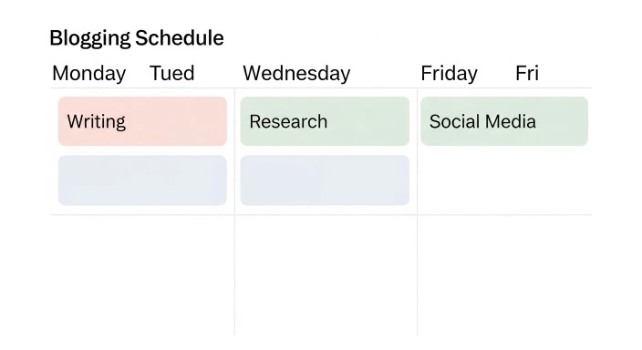 calendar or planner showing blogging schedule with realistic weekly time blocks marked