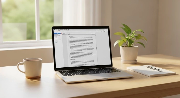 calm workspace with laptop open to a document in progress, natural window light, clean minimal desk