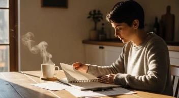 a calm person reading at a table with a cup of tea, warm natural light, minimal background