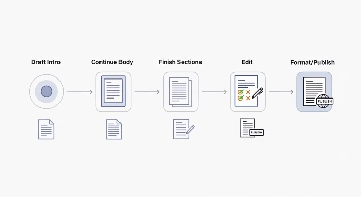 Five-session roadmap showing how blog posts develop across multiple 30-minute writing blocks