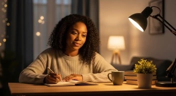 person writing at a desk with a calm expression, focused, warm indoor lighting