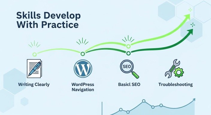 Essential blogging skills for beginners with progression indicators showing gradual improvement