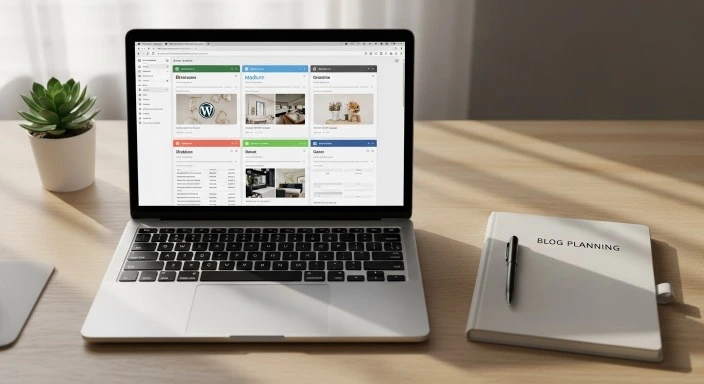 Laptop comparing blogging platforms for beginners with planning notebook on organized desk