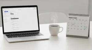 Calm workspace showing how to resume blogging after missing a week with simple planning