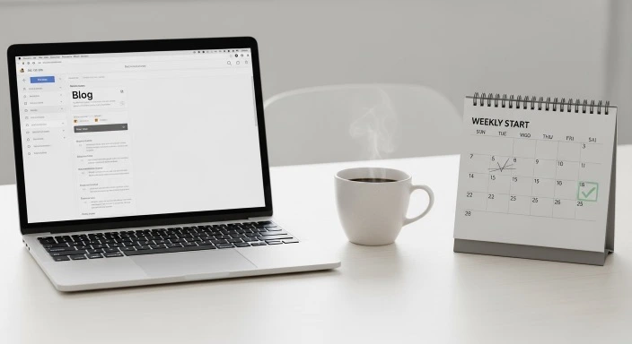 Calm workspace showing how to resume blogging after missing a week with simple planning