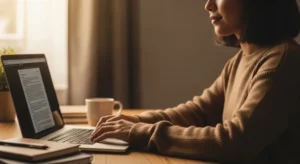 overcome writer's block - person sitting at desk with hands resting on keyboard, looking thoughtfully at laptop screen, calm lighting