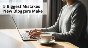 person sitting at a desk writing on a laptop in a calm, organised home workspace