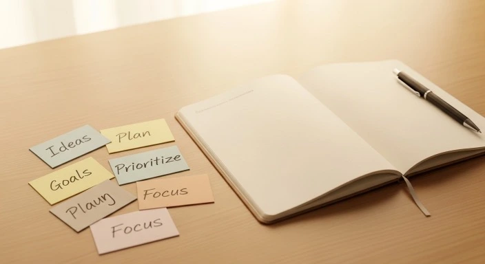 person sitting at a desk with a notebook open, surrounded by sticky notes with different topic ideas, warm calm lighting